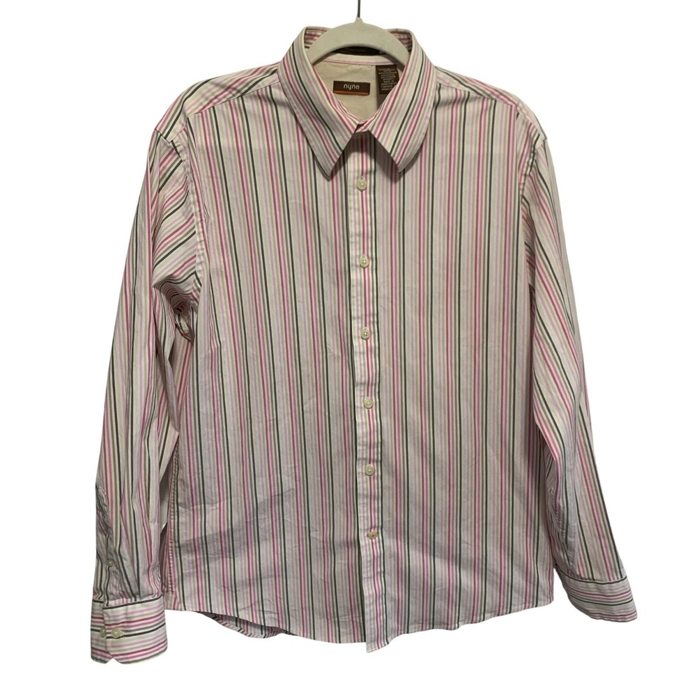 Nyne Mens Coolmax Poplin Striped Button-Down Shirt Long Sleeve Pink Green Large